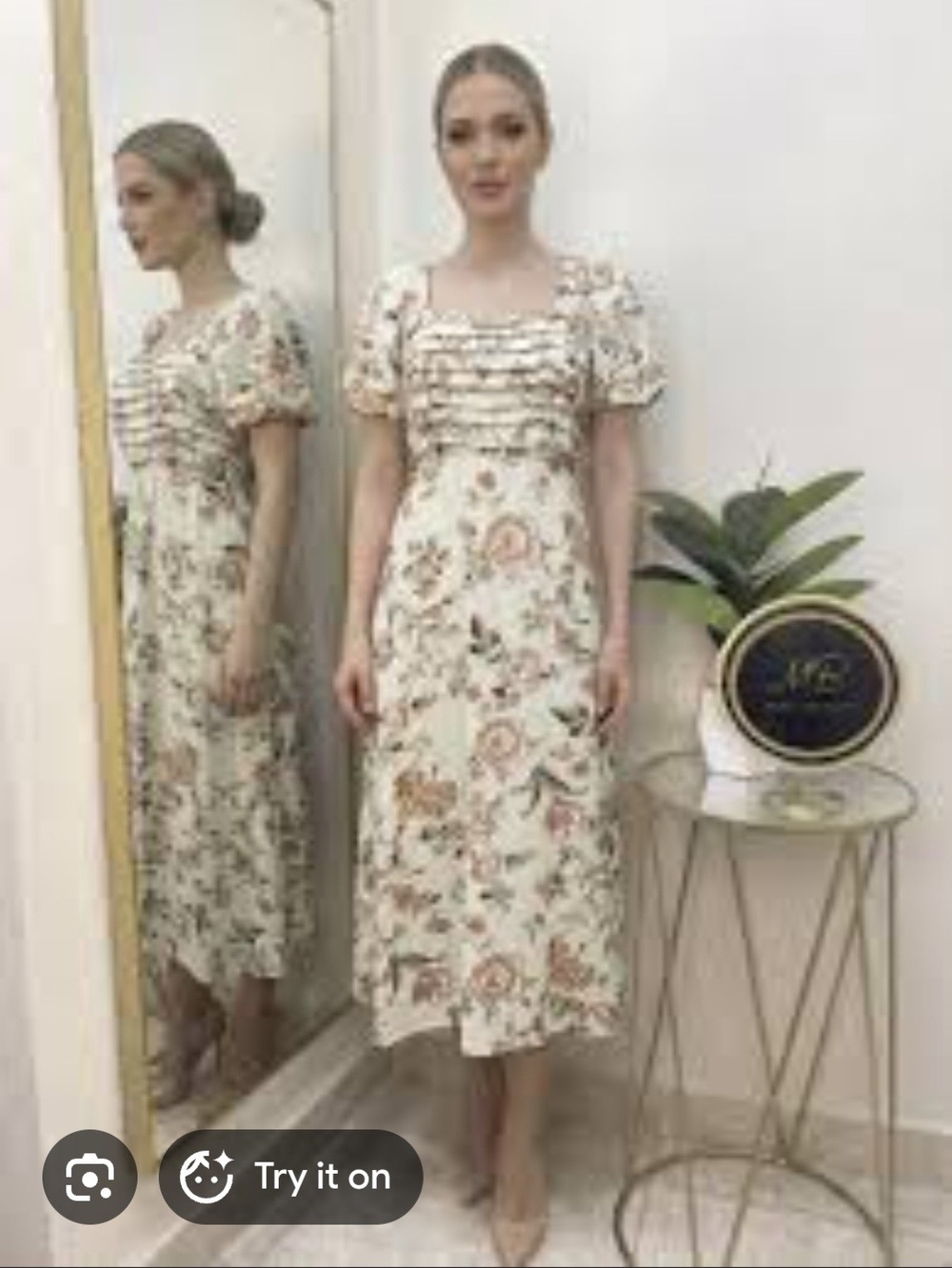 Ivory Floral Square-Neck Midi Dress with Puff Sleeves